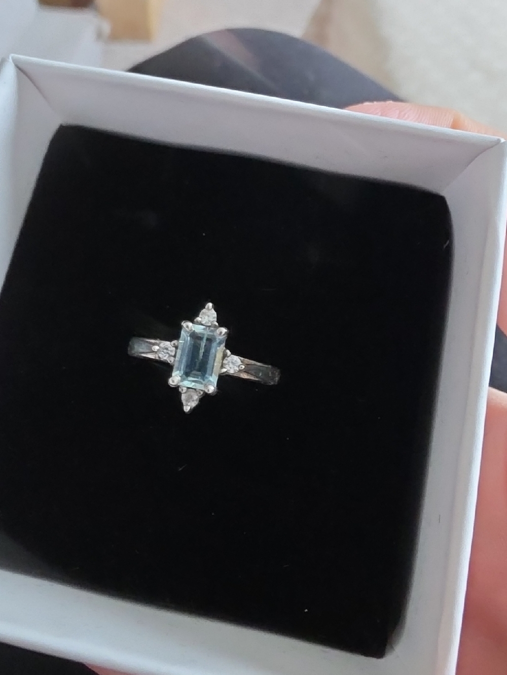 Emerald-Cut Aquamarine Ring in Sterling Silver With Cz Stones. Ring Size 6.75